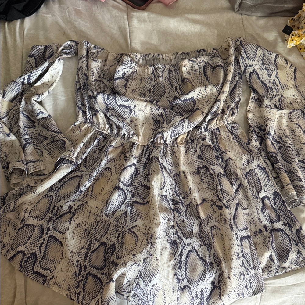 Off-Shoulder Snake Print romper in Cream and Black
